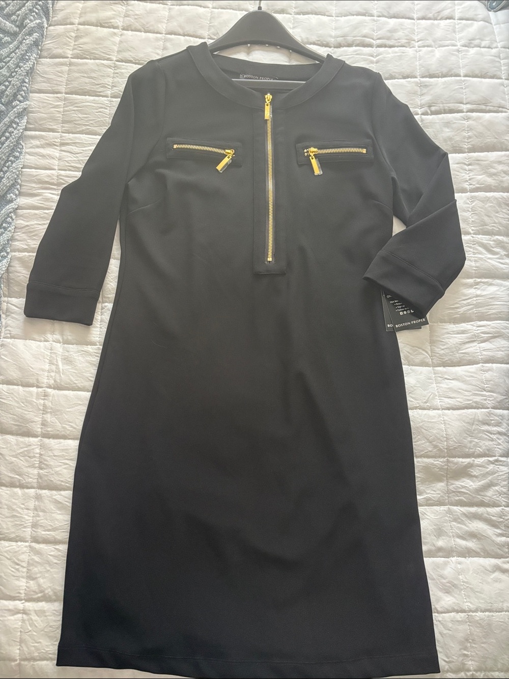 Boston Proper Black Midi Dress with Gold Zipper Accents